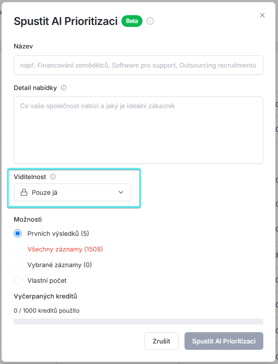 Dialog pro výběr nebo vytvoření nabídky pro AI Prioritizaci