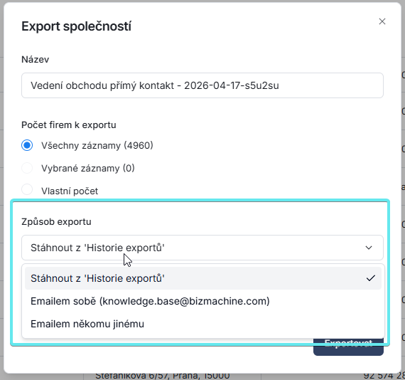Volba způsobu exportu: stažení z historie nebo email