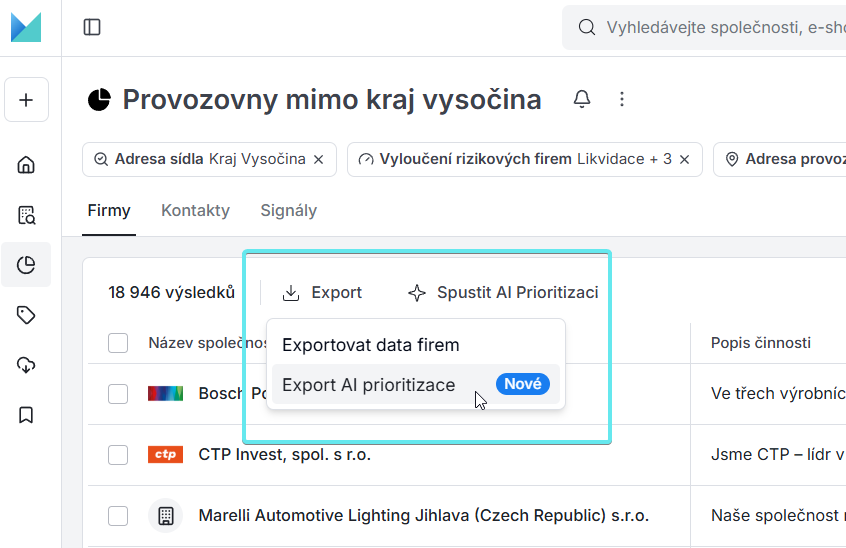 Nabídka Export s volbami Exportovat data firem a Export AI prioritizace